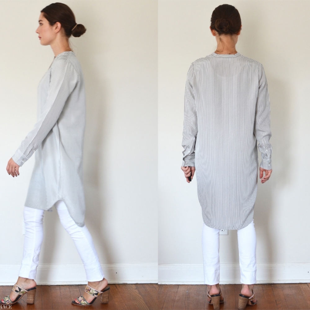 EVERLANE 4 S Split Neck Silk Shirt Dress Tunic in Stripe